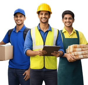 Delivery boy, construction worker and store helper